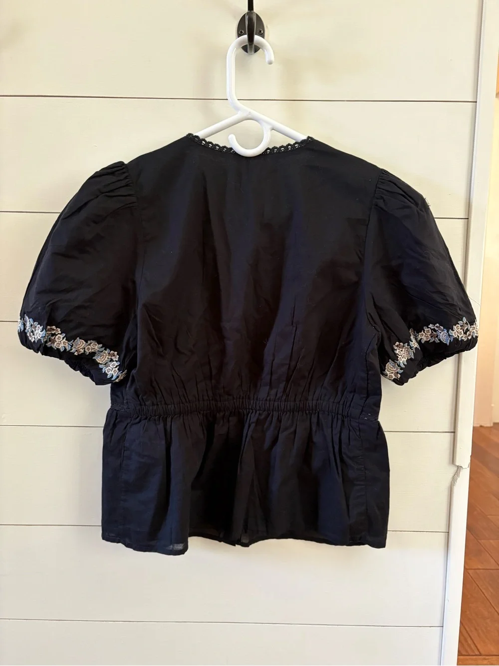 Black Embroidered V-Neck Puff Sleeve Top
